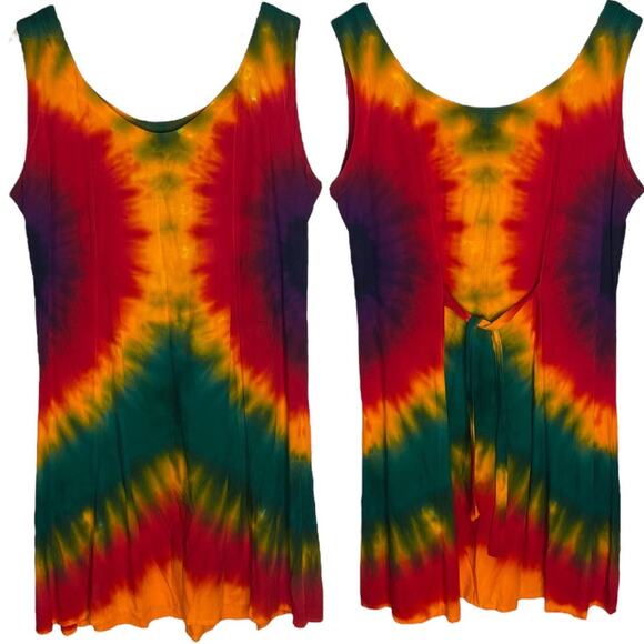 Tie Dye Sleeveless Dress‎ L Rainbow Boho Festival Retro LGBTQ Pride Fun Beachy - Picture 1 of 8